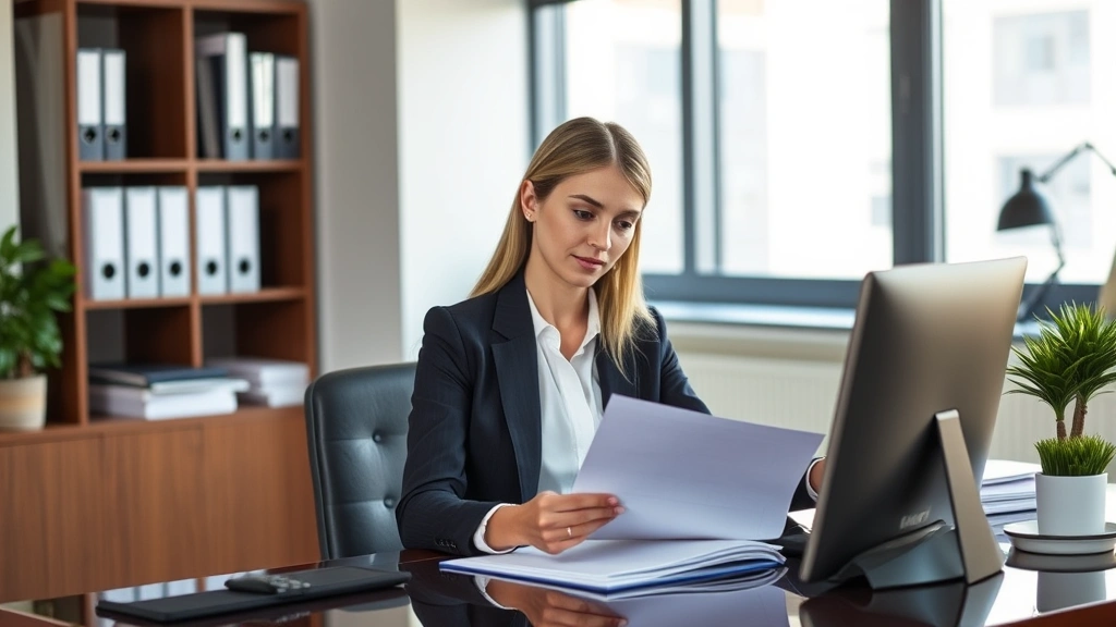 Woman attorney in business suit reviewing case files at modern office desk, professional environment, natural window lighting