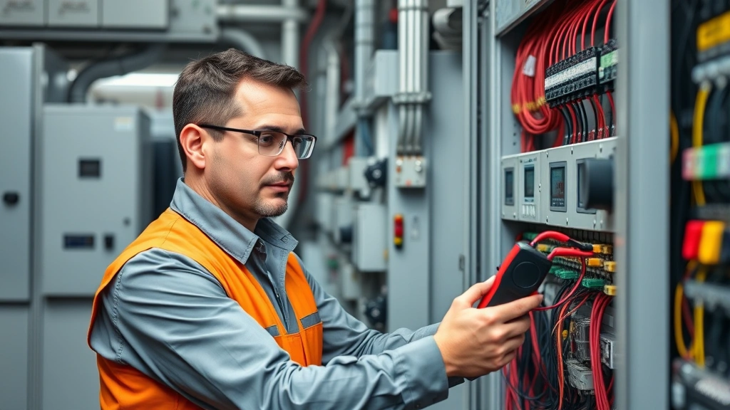 Professional electrical engineer working at control panel with multimeter and wiring, hands-on technical work, industrial setting with circuit breakers and electrical components visible, focused concentrated expression, professional attire