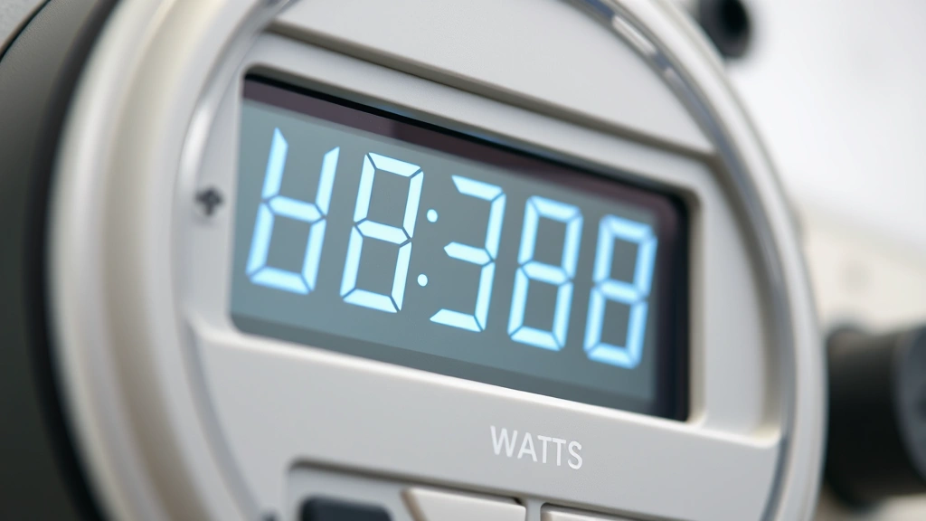 Close-up of digital power meter display showing watts and voltage readings, modern smart meter technology, professional electrical testing equipment on white background, clear numerical display visible, modern utility monitoring