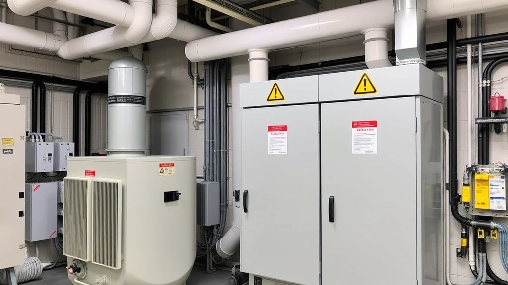 Commercial electrical distribution room with large transformers, power distribution equipment, and safety signage, industrial facility electrical infrastructure, professional installation with proper organization and labeling