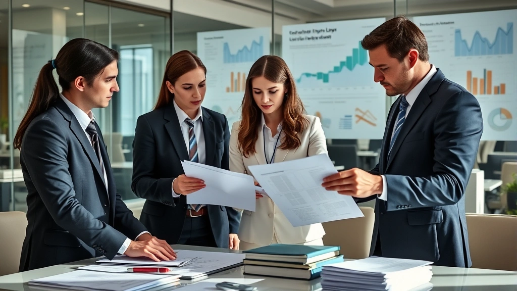 Professional legal team analyzing documents in modern law office with analytical charts on glass walls, natural lighting, businesspeople in business casual attire reviewing data
