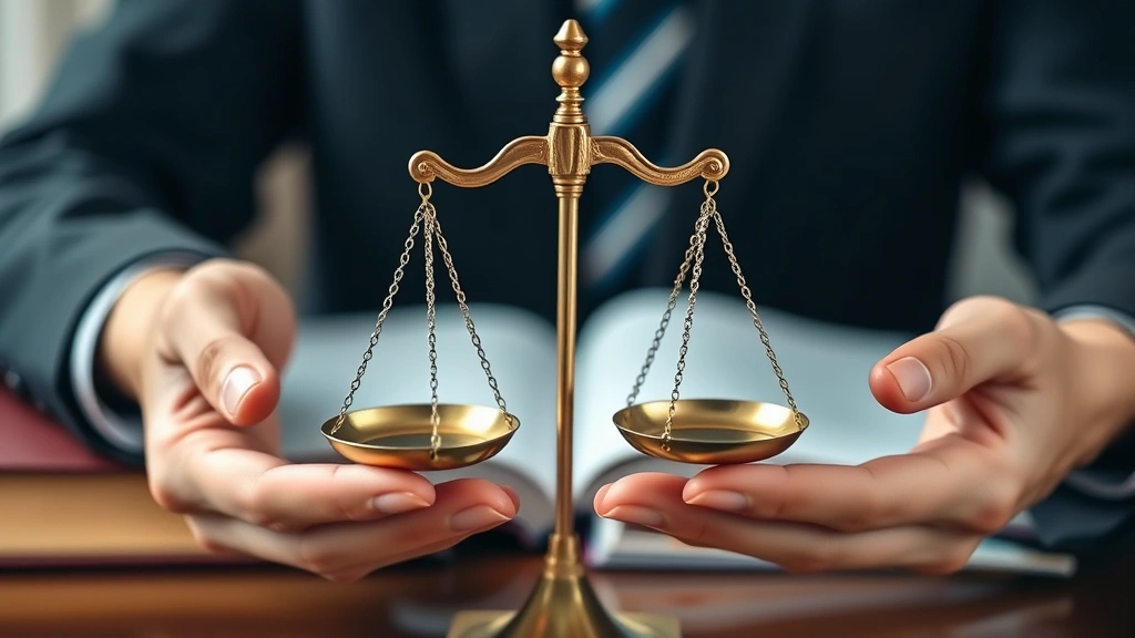 Close-up of hands holding scales of justice with blurred law books and office background, representing balance and fairness in legal assessment and decision-making