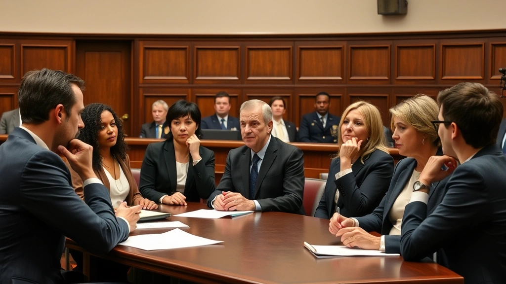 Diverse jurors in deliberation room thoughtfully discussing case, seated around table with concentrated expressions, professional courtroom setting with neutral tones