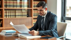 Professional male attorney in business suit reviewing case documents at wooden desk with law books in background, serious focused expression, natural office lighting