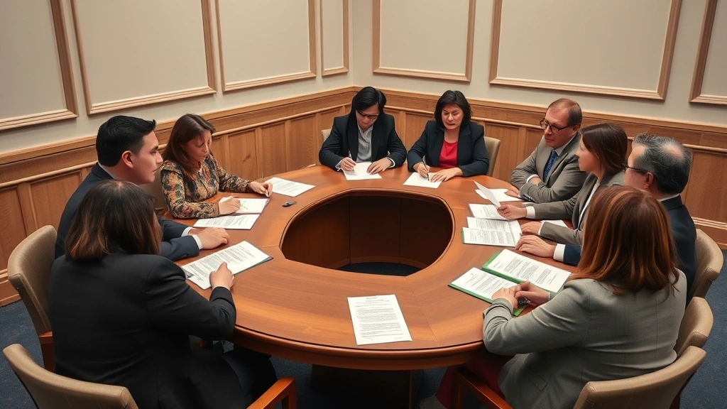 Diverse jury members seated in deliberation room around wooden table, reviewing evidence documents with thoughtful expressions, neutral professional setting