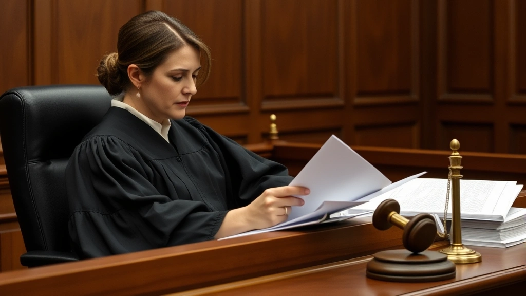 Female judge in black robes at bench reviewing legal documents with gavel nearby, serious professional demeanor, courthouse setting with wood paneling