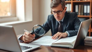 Professional attorney reviewing contract documents at desk with laptop, examining fine print and terms with magnifying glass, natural office lighting, serious focused expression, business attire
