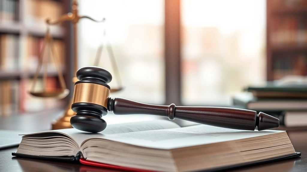 Professional gavel resting on a law book in a library setting, soft natural lighting, scales of justice blurred in background, photorealistic legal workspace