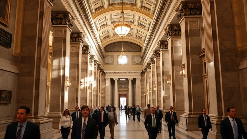 Busy state capitol building interior with ornate columns and hallways, government workers in professional attire walking through marble corridors, authoritative institutional atmosphere