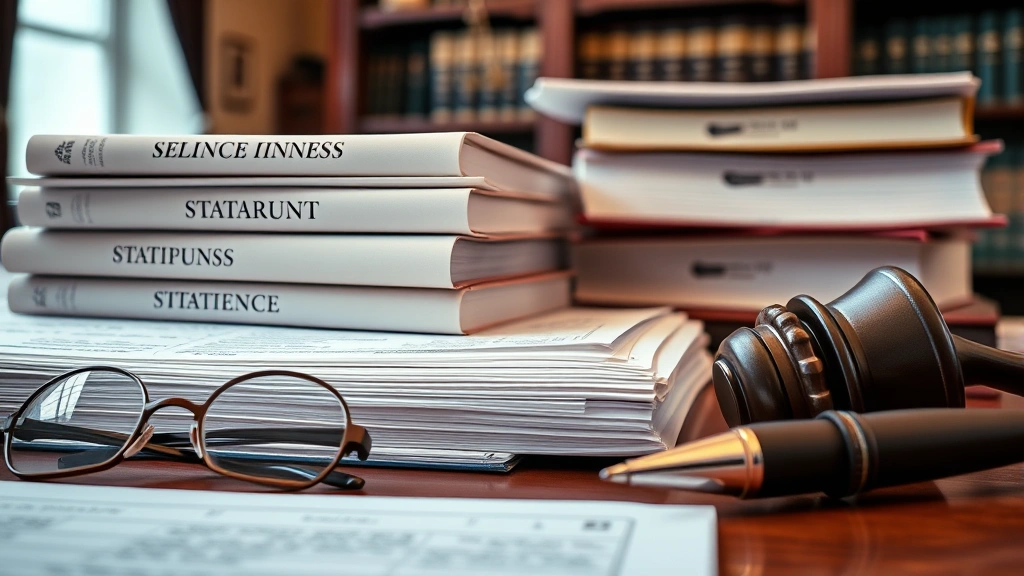 Close-up of legal documents and statute books stacked on mahogany desk, reading glasses and pen nearby, warm office lighting, professional legal environment