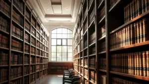 Professional legal library with law books and mahogany shelves, soft natural lighting, sophisticated atmosphere, no people visible, photorealistic, high detail