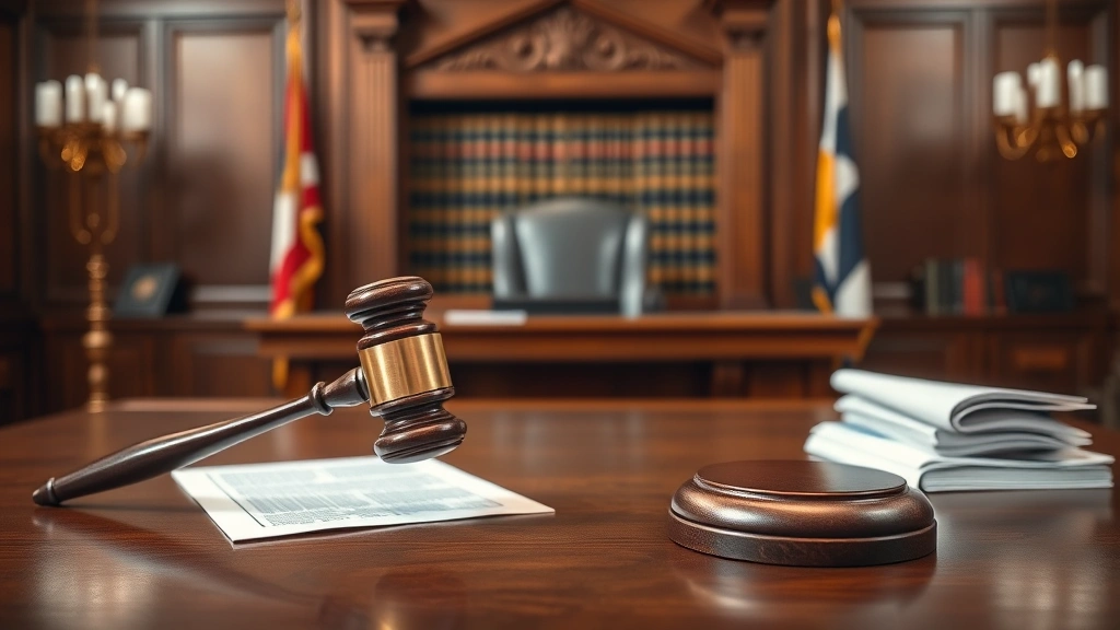 Serious judge's chambers with wooden desk, gavel, legal documents, and law books in background, professional office setting, no people, photorealistic lighting