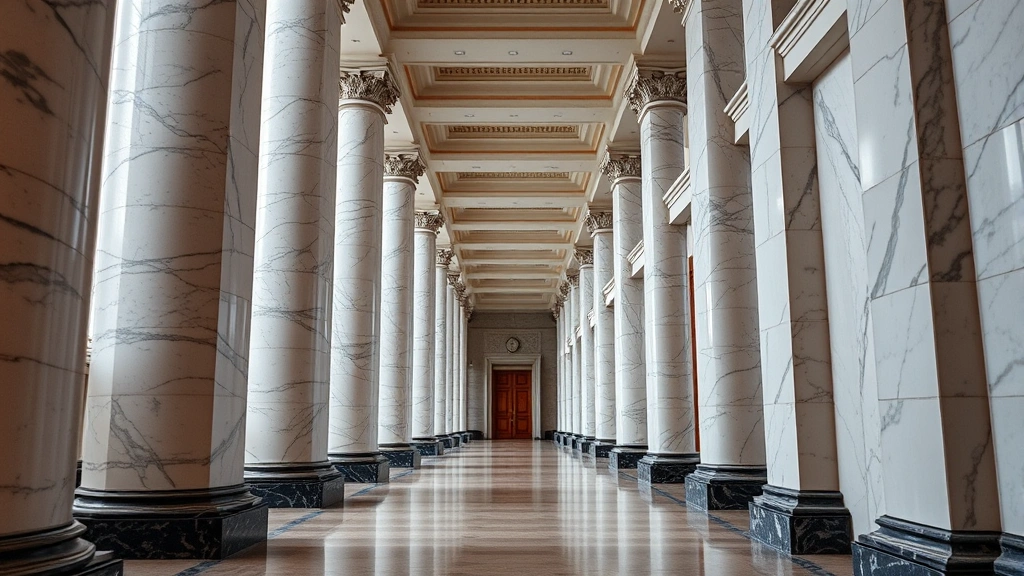Modern courthouse hallway with marble columns, ornate architecture, empty corridor, soft institutional lighting, professional legal environment, no signage or text visible