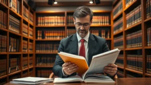 Professional lawyer in suit reviewing law books and documents in modern law library with wooden shelves and warm lighting