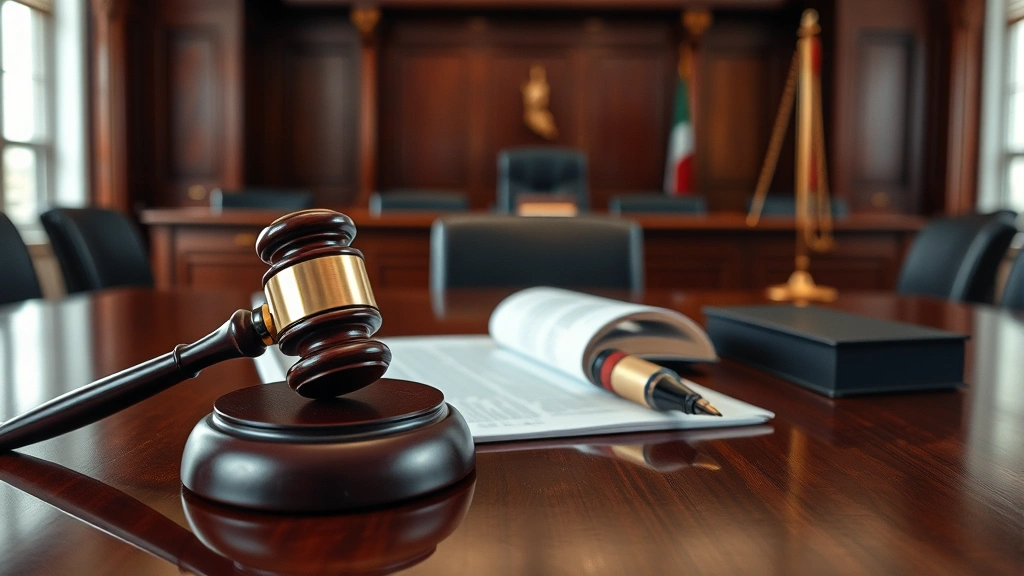 Close-up of gavel and legal documents on polished wooden desk in formal courthouse law office setting