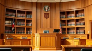 Professional courtroom interior with judge's bench and law books on shelves, formal legal setting, natural lighting, high-resolution photography