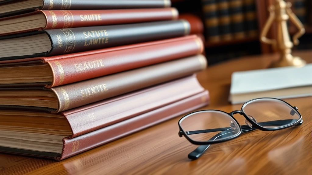 Close-up of leather-bound legal statute volumes and law books stacked on wooden desk with reading glasses and notepad, professional office environment