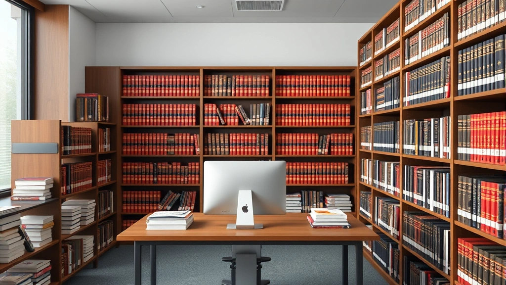 Modern law library with organized shelves of legal references, computer workstation, and study materials, representing legal research and statutory analysis