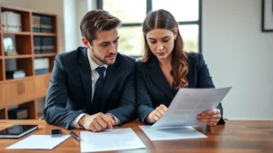 Professional couple reviewing legal documents together at wooden desk in modern law office, serious focused expressions, natural lighting from window, no visible text on papers, contemporary business attire