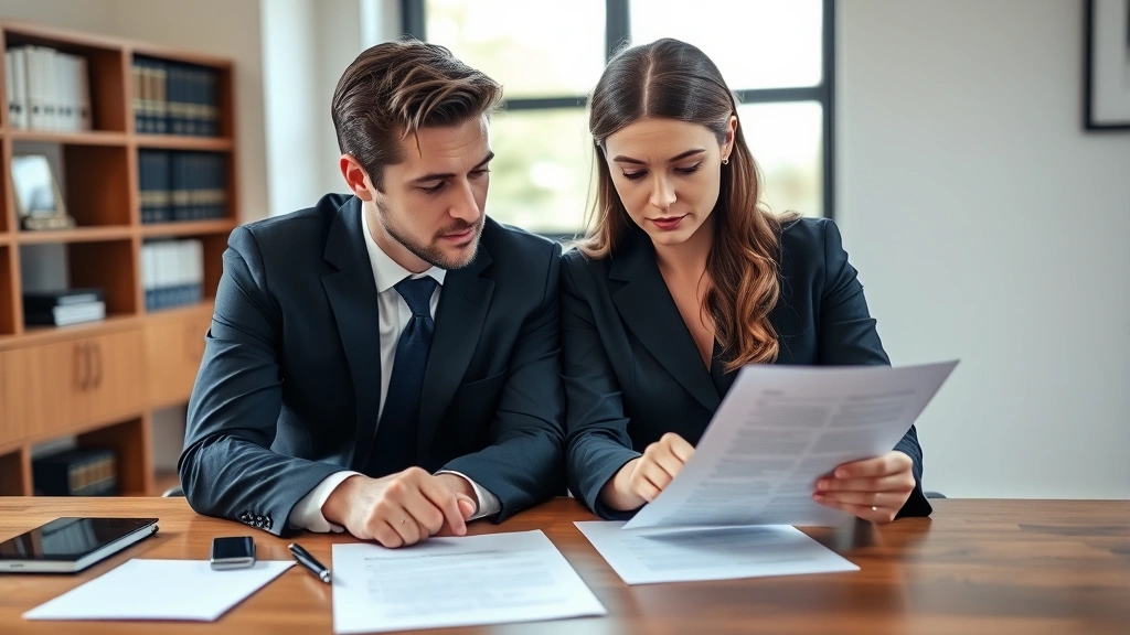 Professional couple reviewing legal documents together at wooden desk in modern law office, serious focused expressions, natural lighting from window, no visible text on papers, contemporary business attire