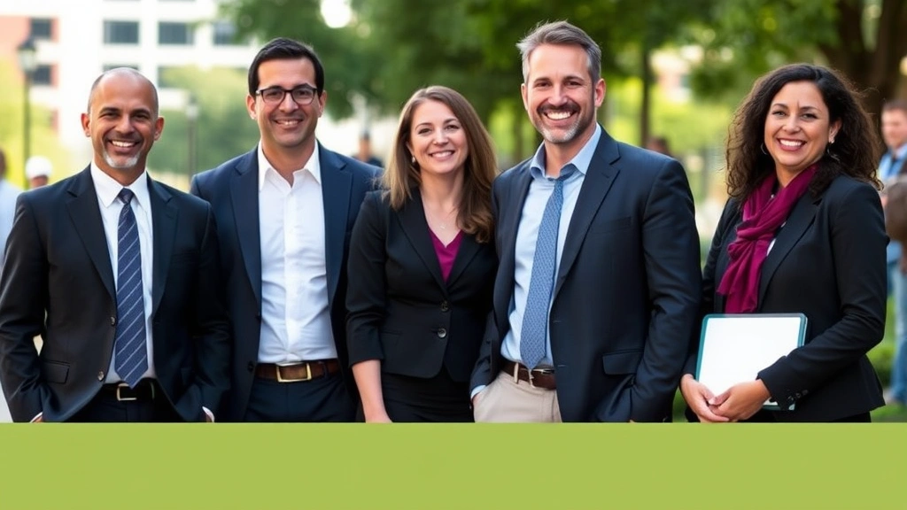 Diverse group of four people in formal business clothing standing together at community event or gathering, smiling naturally, outdoor setting with blurred background, representing public representation and community recognition