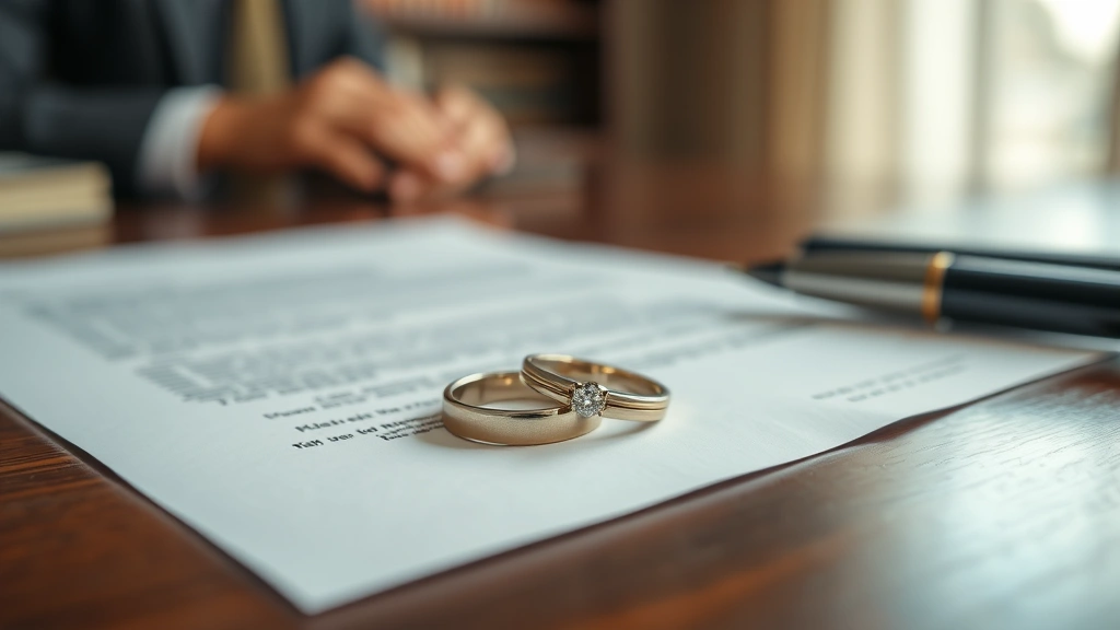 Close-up of wedding rings and legal documents on desk surface, blurred background showing law office environment, professional photography style, shallow depth of field, no readable text visible on documents