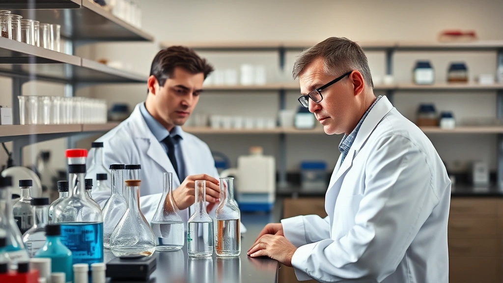 Professional laboratory setting with scientist in white coat examining beakers and scientific equipment on clean metal bench, natural lighting, focused analytical expression
