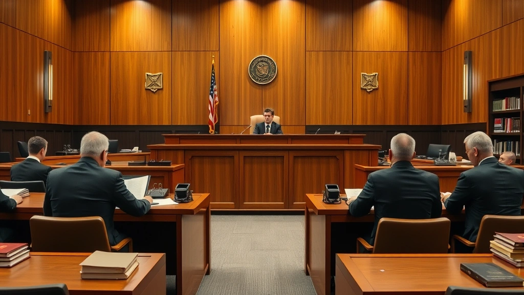 Courtroom interior with judge at bench, lawyers at tables, modern wood paneling and legal books visible, professional legal environment, warm neutral lighting