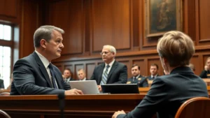 Professional courtroom scene with judge, attorney, and defendant during trial proceedings, serious expression, formal legal setting, natural lighting from courtroom windows