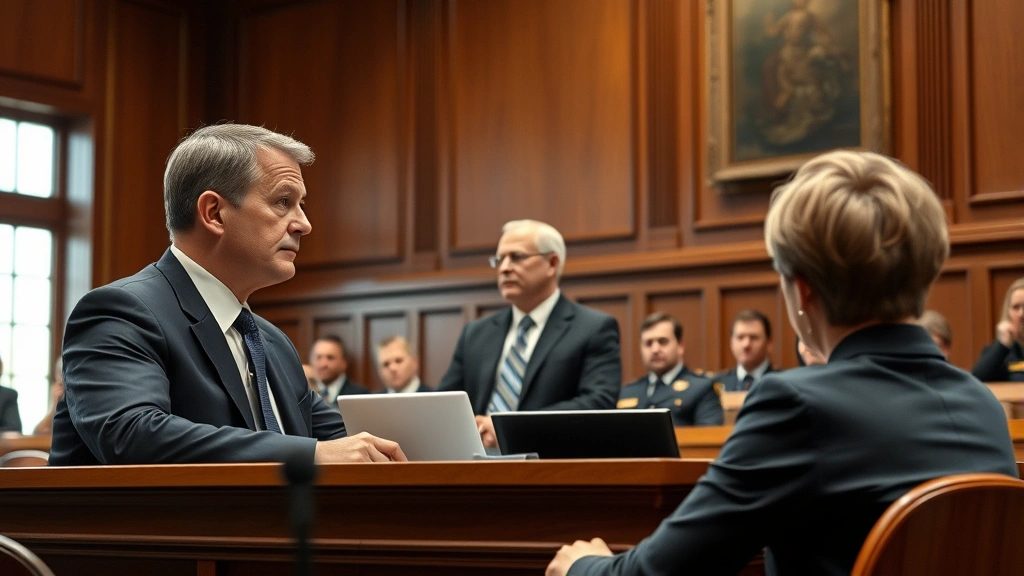 Professional courtroom scene with judge, attorney, and defendant during trial proceedings, serious expression, formal legal setting, natural lighting from courtroom windows
