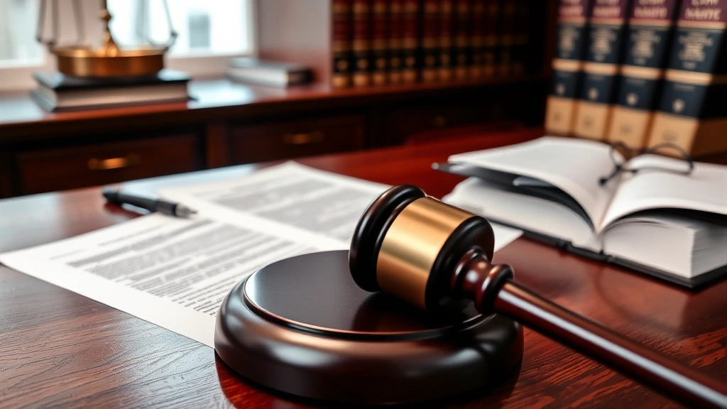 Close-up of legal documents and law books on mahogany desk with gavel, professional office environment, focused on contract pages and statute books