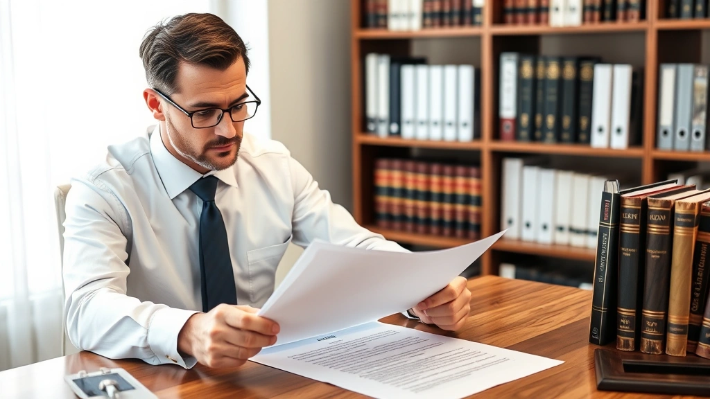 Professional lawyer reviewing legal documents at wooden desk with law books, serious focused expression, natural office lighting, no visible text on documents