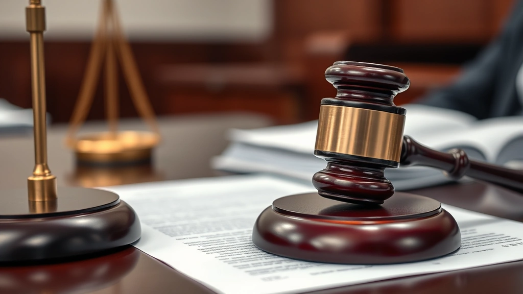 Close-up of judicial gavel and legal papers on desk, professional courtroom setting, shallow depth of field, neutral background, no visible text or case numbers