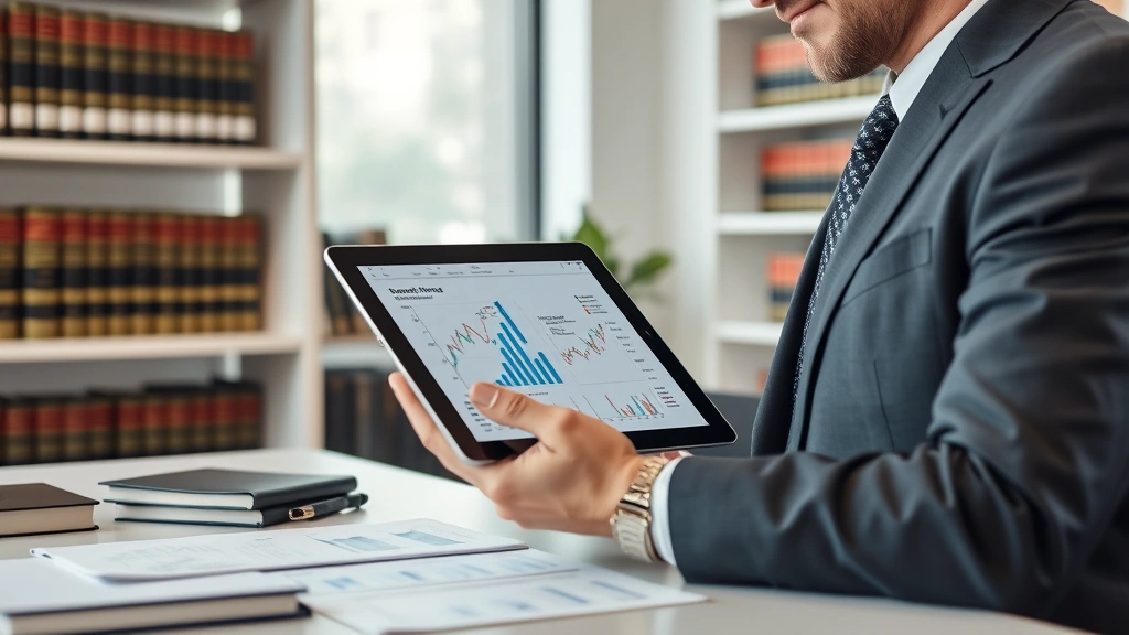Professional business attorney reviewing demand analysis charts and market data on tablet in modern law office with law books visible on shelves
