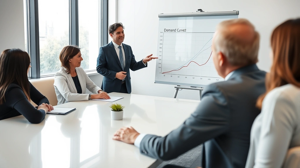 Economist or business analyst presenting demand curve analysis to corporate clients in conference room with professional charts on whiteboard