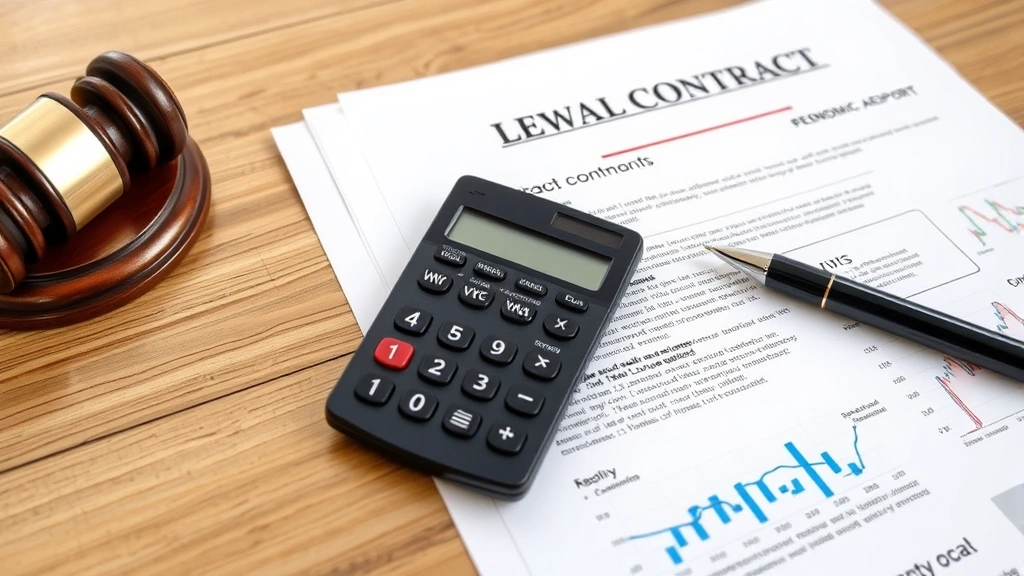 Close-up of legal contract documents and economic analysis reports on wooden desk with calculator and pen, representing intersection of law and economics