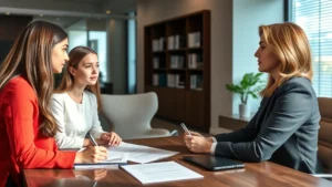 Professional legal consultation scene showing a young couple meeting with a serious female attorney in a modern law office, documents on desk, neutral professional setting