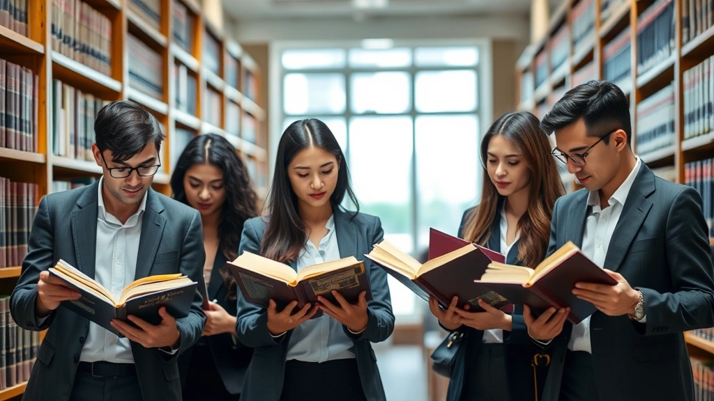 Diverse group of law students studying legal codes and statutes in a law library with wooden shelves and professional atmosphere, focused expressions