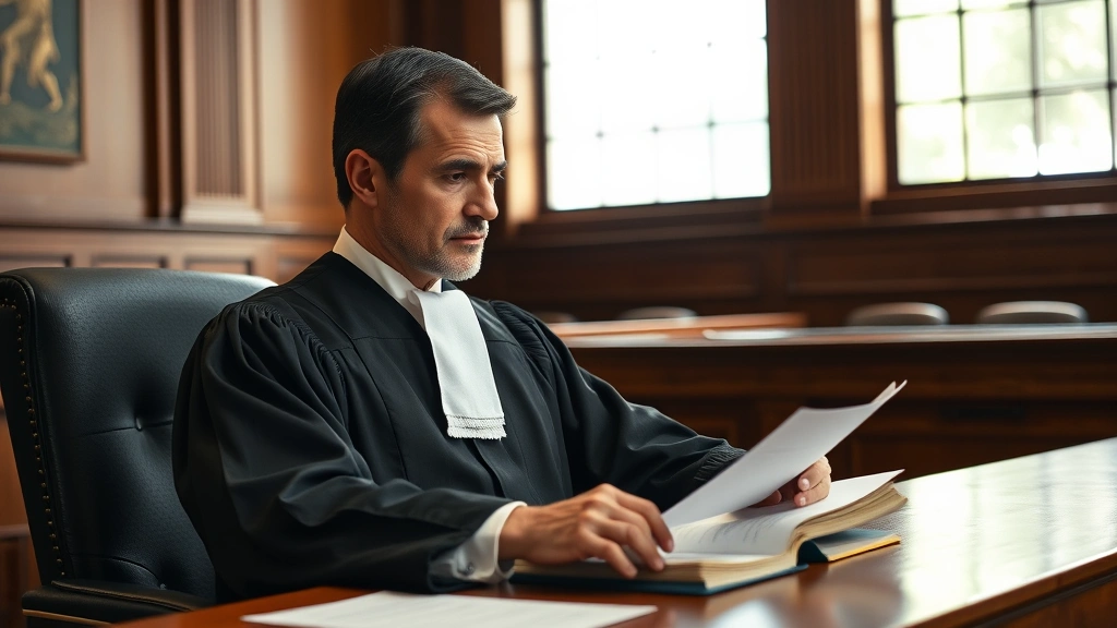 Serious male judge in robes reviewing legal documents at bench in formal courtroom setting, professional judicial environment, natural lighting