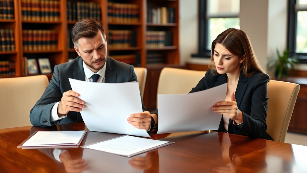 Professional male and female attorneys in formal business attire reviewing legal documents together at a wooden conference table in a law office, both reviewing papers with serious professional expressions