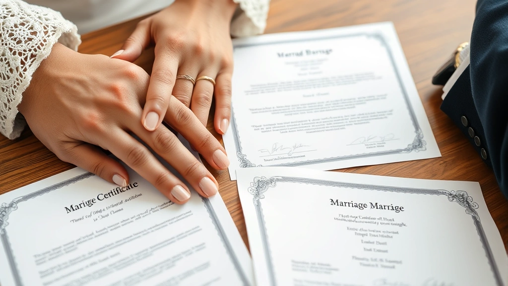 Close-up of a couple's hands on a table next to a marriage certificate and legal documents, symbolizing legal marital commitment and documentation of marriage status
