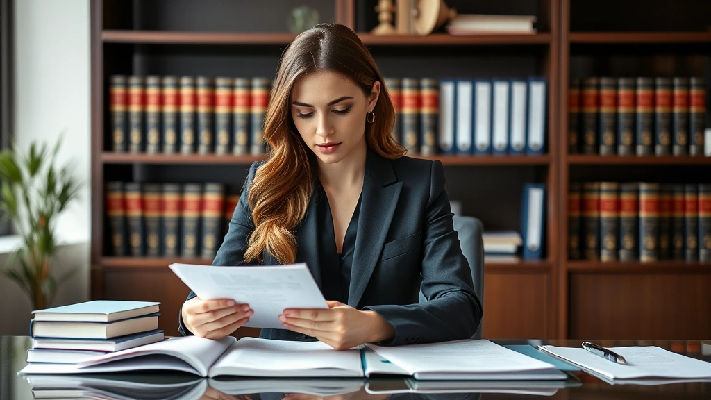 Female lawyer in professional blazer sitting at desk with law books and legal files in background, reviewing documents with focused professional demeanor in modern law office
