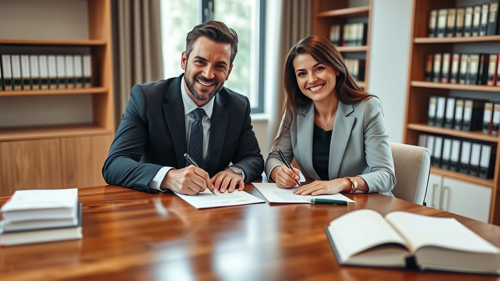 Professional couple signing legal documents at wooden desk in modern law office, both smiling, natural lighting from window, soft focus background with law books