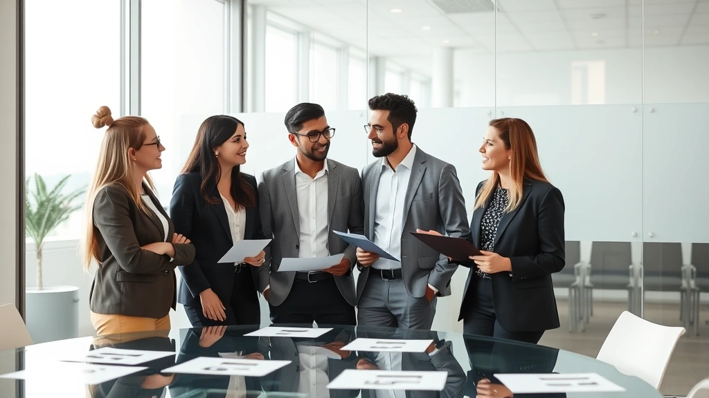 Diverse group of four people in business casual attire having discussion in bright conference room, papers and folders on glass table, professional and collaborative atmosphere