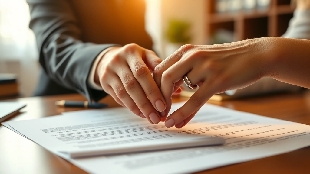 Close-up of hands exchanging wedding rings over legal marriage documents, warm natural light, blurred background of office setting