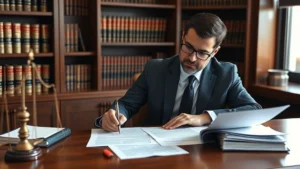 Professional attorney in business suit reviewing constitutional law documents and legal briefs at wooden desk in modern law office, with law books visible in background, serious focused expression
