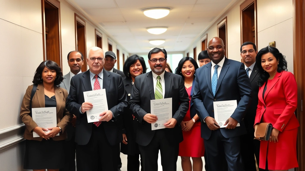 Diverse group of civil rights advocates and lawyers standing together in courthouse hallway, holding constitutional documents and legal files, professional attire, determined expressions
