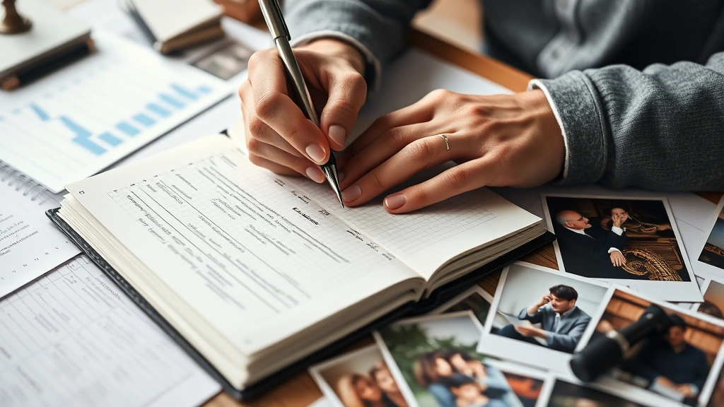 Close-up of person's hands writing detailed notes and documentation in journal with calendar and timeline visible, organized legal records and photographs spread across desk