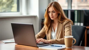 Professional young woman sitting at desk reviewing law school application materials on laptop with LSAC website visible, organized notes and coffee cup nearby, natural window lighting, serious focused expression