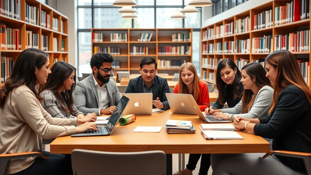 Diverse group of law school students studying together in modern library with law books and laptops, collaborative discussion around table, warm academic atmosphere, professional casual attire